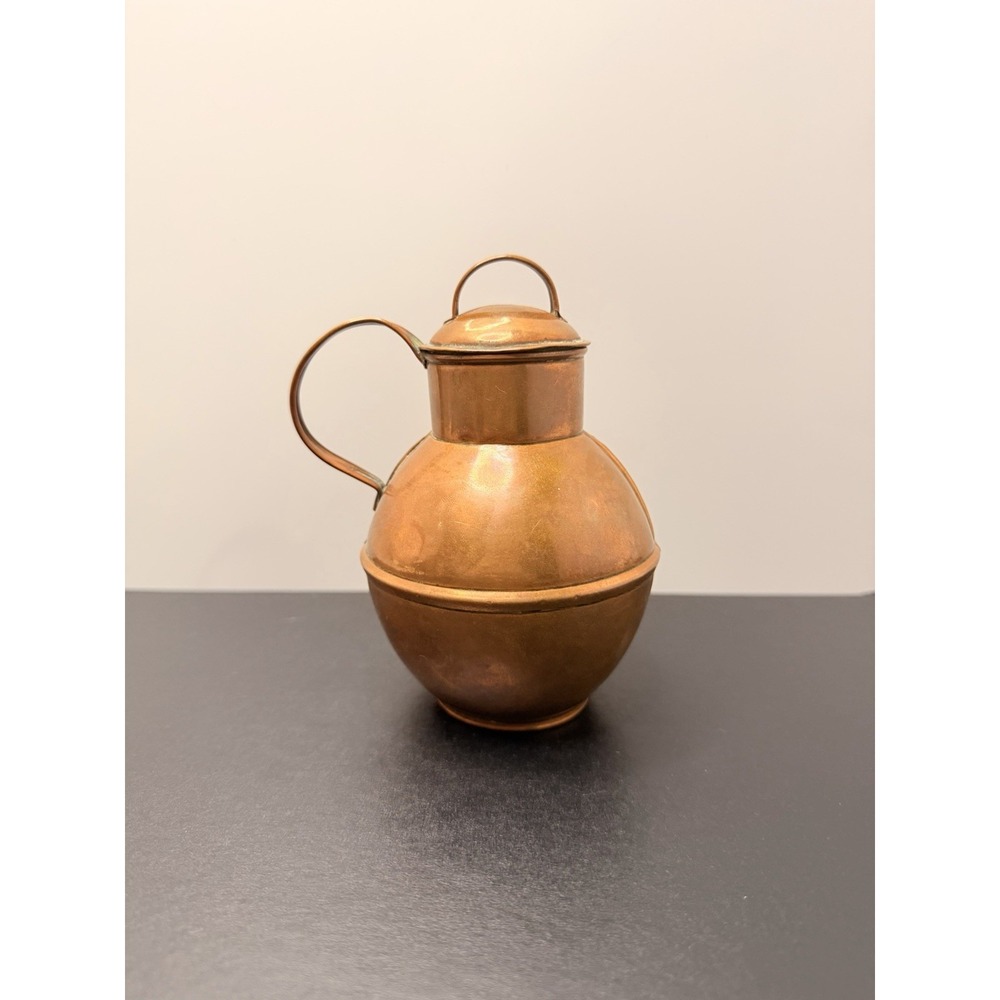 Vintage Small Solid Copper Pitcher Jug with Hinged Lid & Handle Farmhouse Decor